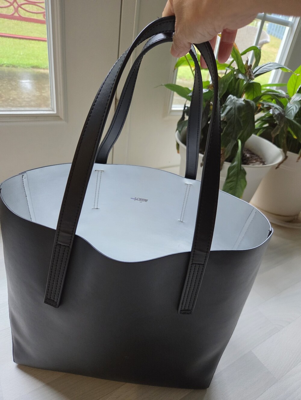 J CREW Black Leather Tote Bag with Silver Interior